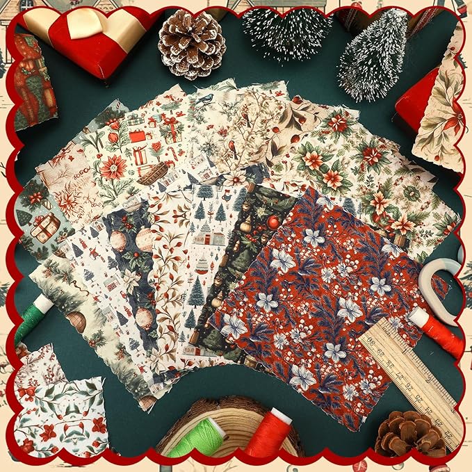 Fanfanwin 100 Pcs 5 x 5 Inch Vintage Christmas Quilting Fabric Christmas Fat Squares Patchwork Strips Santa Red Cardinal Precut Fabric Bundles for Xmas Handmade Crafting DIY Craft Sewing Material