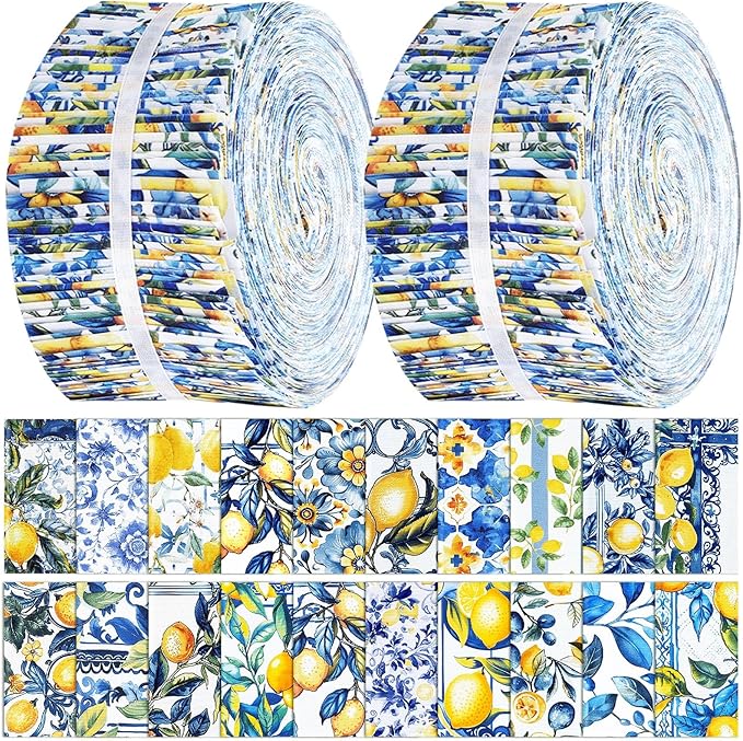 Ganeen 100 Pcs Chinoiserie Lemon Quilting Fabric Roll 2.56 Inch Fabric Squares Jelly Patchwork Precut Strips Bundles for Holiday Materials Craft DIY Sewing Cloths