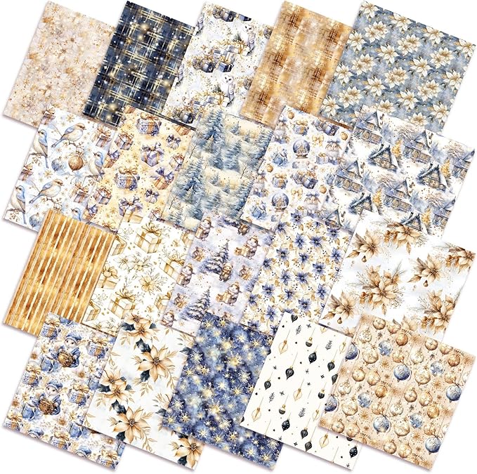 Oudain 60 Pcs 10 x 10 Inch Blue Gold Quilting Fabric Squares Vintage Christmas Fat Patchwork Precut Strips Poinsettias Fabric Bundles for Xmas DIY Craft Sewing Handmade Materials