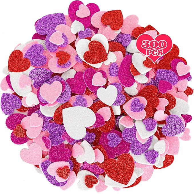 300 PCS Valentines Stickers, Self-Adhesive Foam Heart Stickers Valentines Decor, 3 Sizes Glitter Valentine Crafts, Red Purple Heart Themed Decor for DIY Scrapbooking Cards Craft Supplies