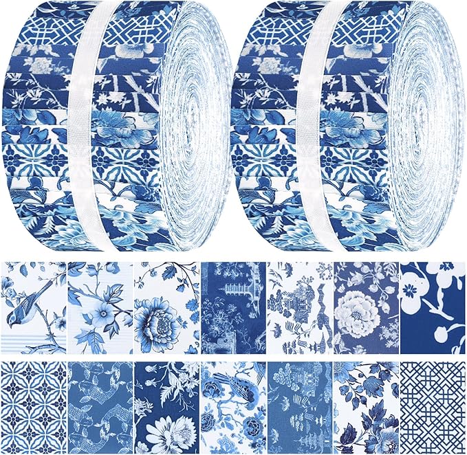 40 Pcs Blue and White Floral Christmas Quilting Fabric Roll 2.56 Inch Precut Fabric Squares Jelly Patchwork Chinoiserie Strips Materials for Winter Xmas Holiday Craft Sewing Panels DIY
