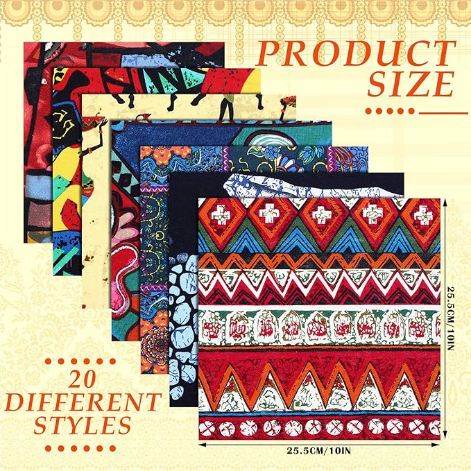 Mixweer 40 Pcs 10x10 Inch African Print Cotton Fabric Squares Indian Precut Ankara Quarters Kente Cloth Ethnic Multicolor Ethnic Style Bundle for Quilting Sewing Patchwork DIY Handmade Craft Supplies