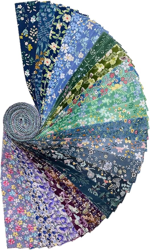 LUMANSUO Jelly Roll Fabric - 20 Assorted Floral Prints, 100% Cotton, 40 Pre-Cut Strips (2.5 x 44 Inch) Fabric for Quilting and Sewing， Cool Tone
