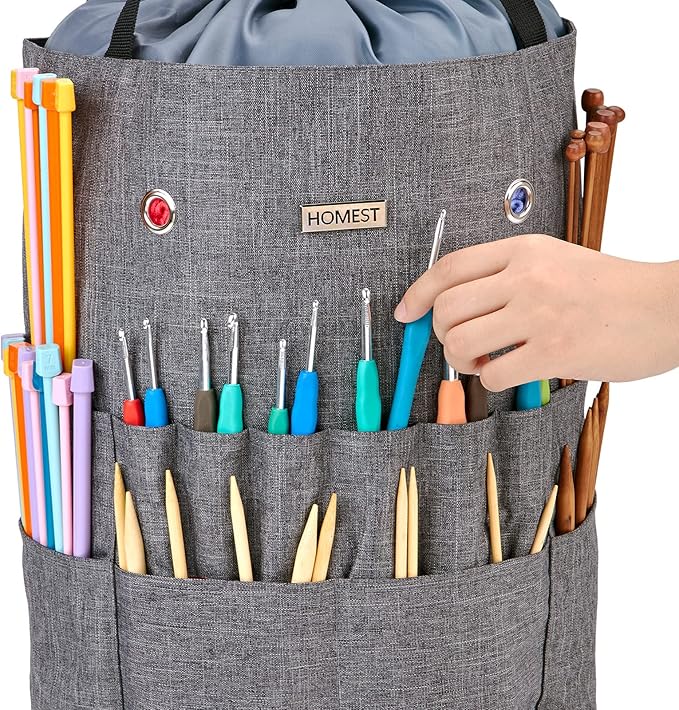 HOMEST Large Crochet Bag with Customized Front Compartment for Knitting Accessories, Yarn Storage with 6 Oversized Grommets, Tote Organizer with Drawstring Closure, Gray