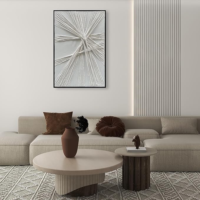 NANKAI Art Hand-Painted Thick Texture White Oil Painting Modern Abstract Art 36x24 inch Home Wall Art Decorative Painting (with Solid Wood Exterior Frame)