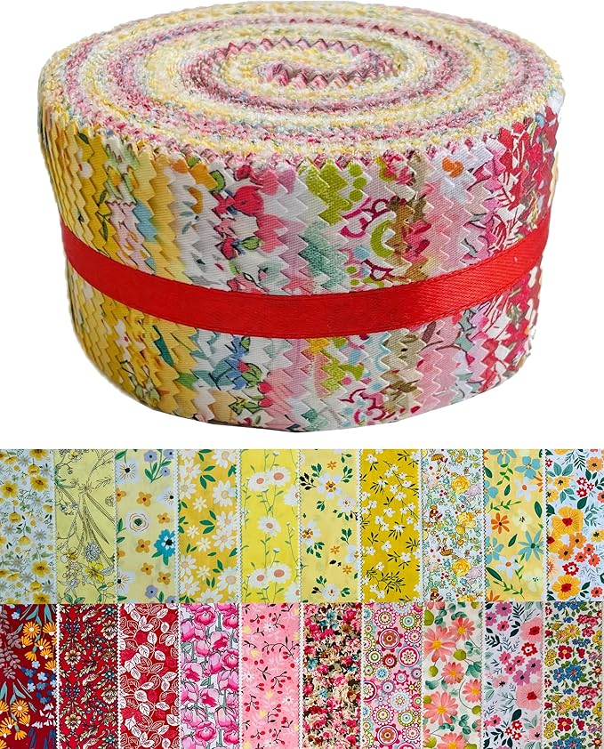 Jelly Roll Fabric 100% Cotton Quilting Fabric, 40 Pre-Cut Strips (2.5 x 44 Inch) for Quilting and Sewing - 20 Assorted Floral Prints - Fiery Heart