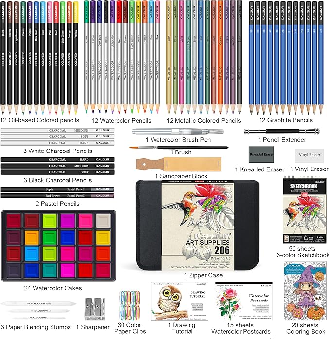 KALOUR 206 Drawing Set Sketching Kit,Art Supplies with 3-color Sketchbook & Coloring Paper,Include Tutorial, Colored, Graphite, Charcoal, Watercolor & Metallic Pencil,for Artists Adults Teens Beginner