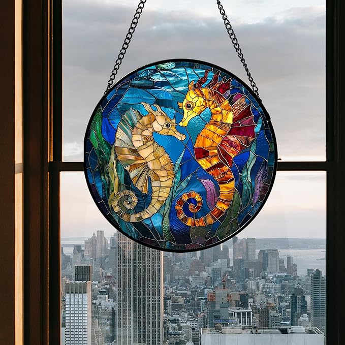 Stained Glass Window Hanging - Blue Ocean Orange Seahorse Suncatcher for Door Terrace Garden Home Decor, Marine Life Sun Catcher Birthday Gifts for Lovers Women Men Dad Mom Nana 7.8 in