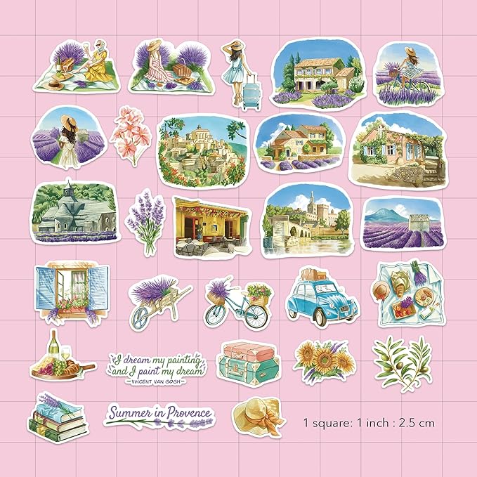 Navy Peony Summer in Provence Travel Stickers (28pcs) - Watercolor, France Lavender-Themed Vacation Decals for Scrapbooks, Water Bottle, Luggage