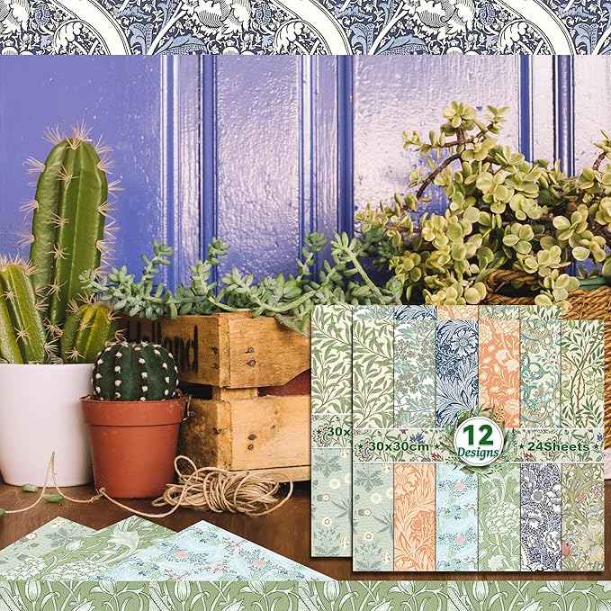 24 Sheets William Morris Scrapbook Paper Pad Double-Sided Vintage Floral Patterned Decorative Craft Paper for Card Making Photo Album Journal DIY Craft, 11.8'' x 11.8''
