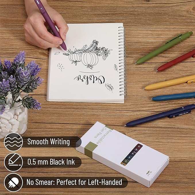 Mr. Pen- Retractable Gel Pens, 6 Pack, Vintage Color Barrels, Black Ink, Fast Dry, Fine Point 0.5mm, Cute and Aesthetic for Journaling