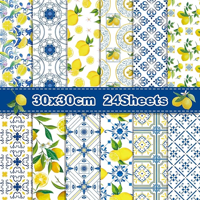 24 Sheets Lemon Scrapbook Paper Pad Double-Sided Blue Tiles Yellow Lemon Patterned Decorative Craft Paper for Card Making Photo Album Journal DIY Craft, 11.8'' x 11.8''
