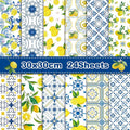 24 Sheets Lemon Scrapbook Paper Pad Double-Sided Blue Tiles Yellow Lemon Patterned Decorative Craft Paper for Card Making Photo Album Journal DIY Craft, 11.8'' x 11.8''