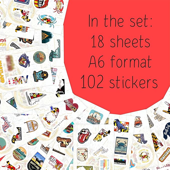 BulbaCraft 100Pcs Maryland Stickers for Water Bottle and Laptop - Maryland Party Supplies & Decorations, Waterproof Vinyl Decals, State Pride and Icon Stickers, Gifts for Women & Men