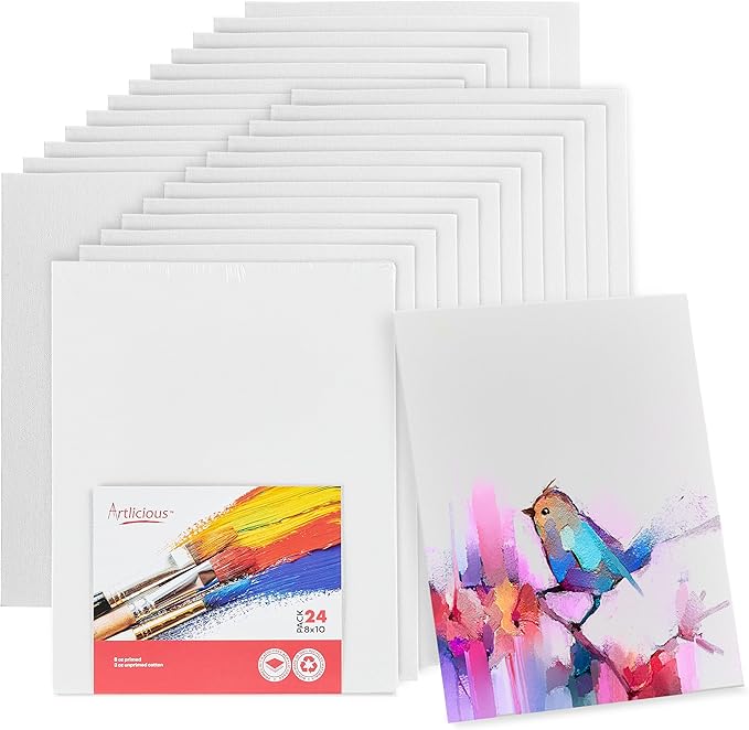 Artlicious Canvases for Painting - Pack of 24, 8 x 10 Inch Blank White Canvas Boards - 100% Cotton Art Panels for Oil, Acrylic & Watercolor Paint