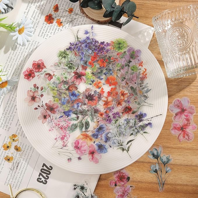 50-Pack Transparent Waterproof Watercolor Wildflower Flower Scrapbook Stickers – Vibrant Nature Floral Decals for Card, Journals, Resin Art Project
