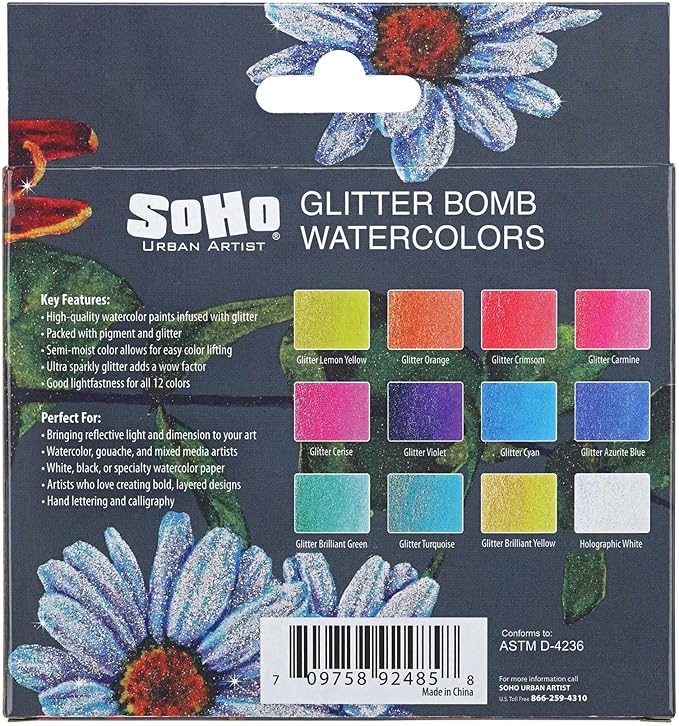 Soho Urban Artist Glitter Bomb Watercolor Paints - 12 Glitter Watercolor Paint Colors, Semi-Moist, Ultra-Sparkly for Shimmering Mixed-Media Art & Journaling