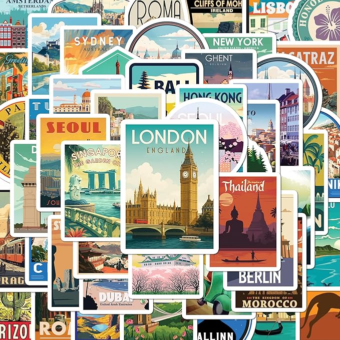BEATRI World Travel Stickers 50Pcs Waterproof Vinyl Travel Map Stickers for Suitcase, Bicycle, Laptop, Water Bottle, Journaling & Travel Gear | Non-Repeating Decals, High-Definition Print