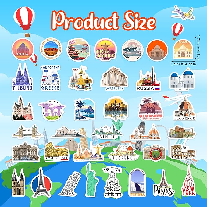 World Featured Architecture Sticker Pack, 100 Pcs Waterproof Vinyl Map Water Bottle Phone Case Laptop Decals, Travel Stickers for Girls Kids Teens Adults, Vintage Aesthetic