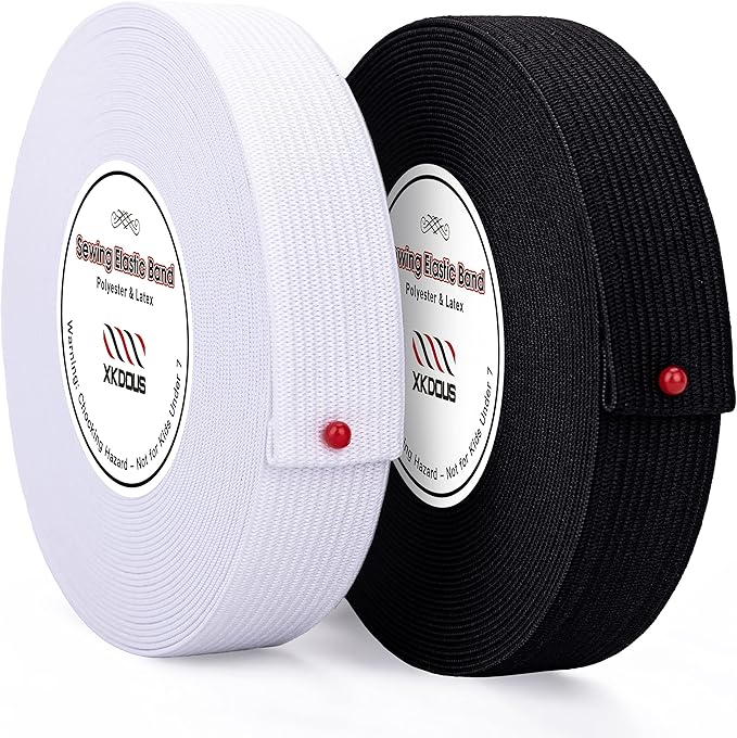 XKDOUS Elastic Band for Sewing, 1 Inch 28 Yards 2 Roll Knit Elastic Bands for Sewing Waistband and Pants Waist, High Elasticity(14 Yard White, 14 Yard Black)