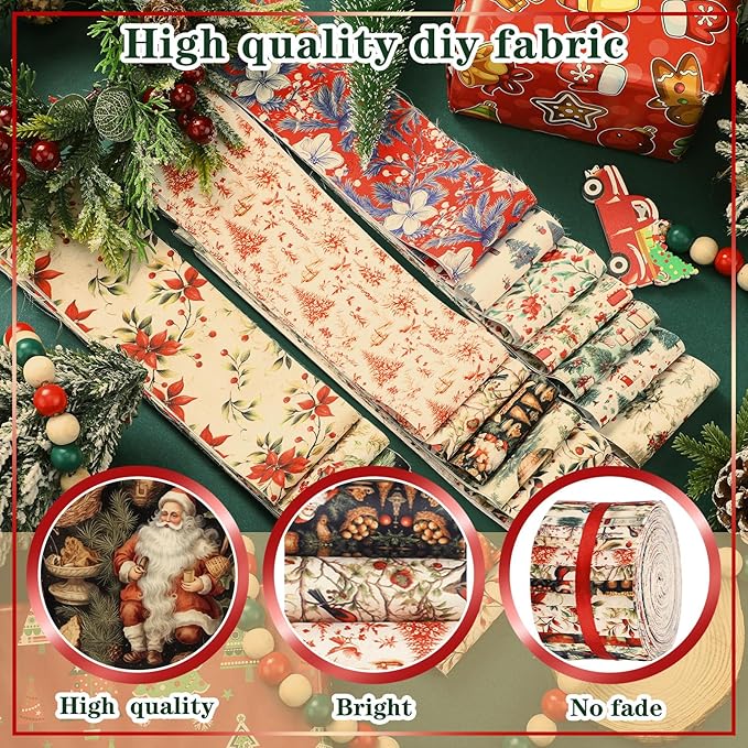 Fanfanwin 40 Pcs Vintage Christmas Quilting Fabric Roll 2.56 Inch Precut Fabric Squares Jelly Patchwork Santa Red Cardinal Poinsettia Strips Materials for Winter Xmas Holiday Craft Sewing Panels DIY