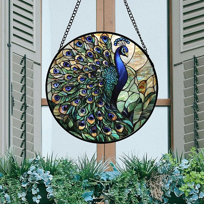 Stained Glass Window Hanging, Turquoise Peacock Sun Catcher for Door Home Decor Blue Green Suncatcher Christmas Mother's Day Birthday Gifts for Women Men Mom and Nana 11.8 in