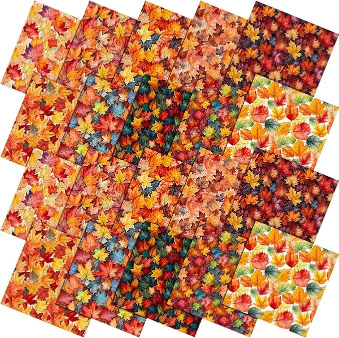 HunnmingRe 20 Pcs 10''x10'' Fall Maple Leaf Quilting Fabric Square Thanksgiving Maple Leaf Quiltted Fabric Bundle Multicolor Precuts Printed Patchwork Supplies for Autumn Harvest DIY Sewing Craft