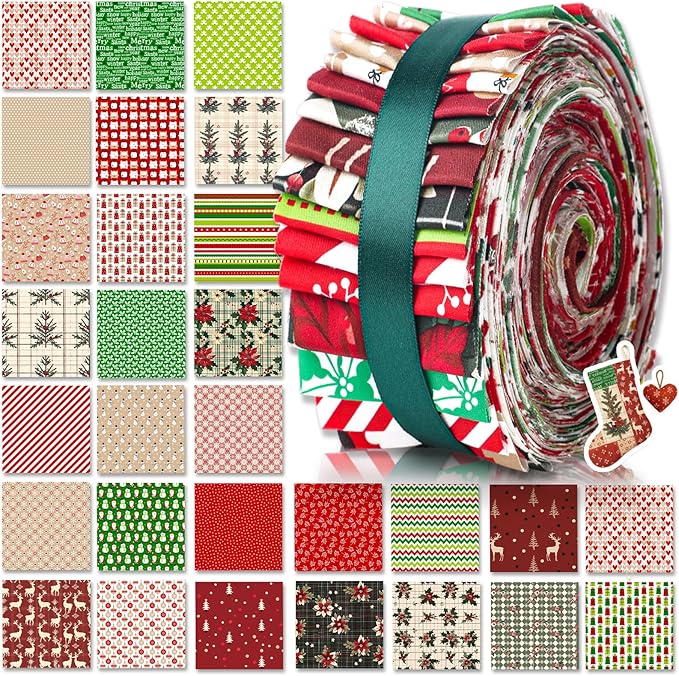 60 Pcs Christmas Quilting Fabric Roll 2.6 x 40" Cotton Fabric Strips Precut Jelly Patchwork for Craft Sewing(Holiday)