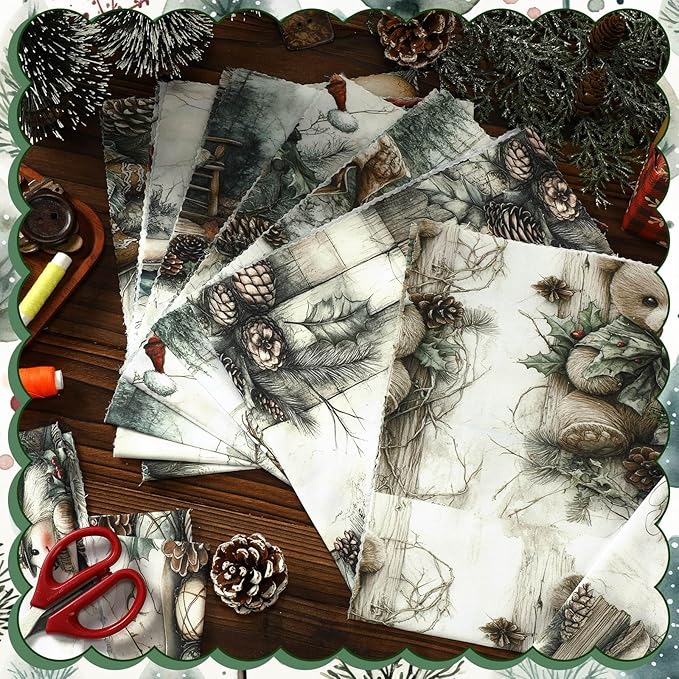 10 Pcs 18 x 22 Inch Vintage Green Christmas Quilting Fabric Winter Snowman Fat Squares Reindeer Patchwork Precut Strips Gingerbread Man Fabric Materials for Winter Xmas Sewing Craft DIY