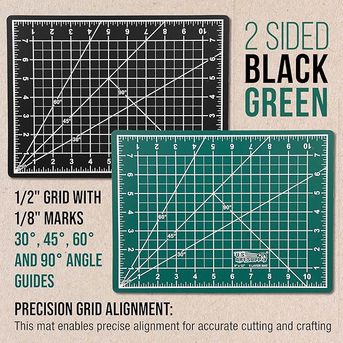 U.S. Art Supply 9" x 12" Self-Healing Cutting Mat 5-Ply - Double-Sided Green/Black Craft Mat, Non-Slip Cutting Mats for Crafts, Sewing, Quilting, Scrapbooking