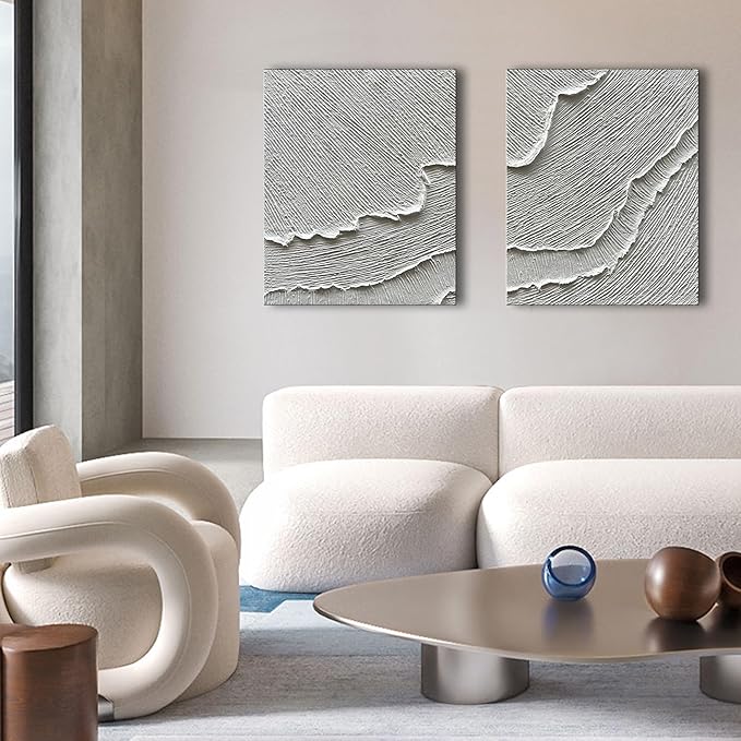 NANKAI Art Hand-Drawn Abstract Oil Painting with White Texture. Romantic sea Wave Landscape Painting. Decorative Art Piece for Home or Office Wall. 20x24 inches x 2