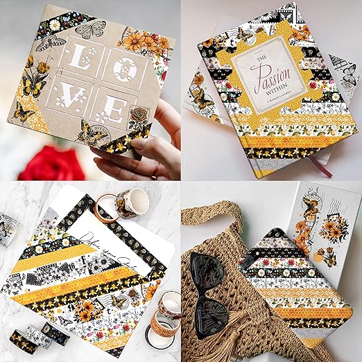 Vintage Bee & Floral Decorative Washi Tape Set - 14 Rolls Retro Honeycomb, Blossom Design craft tape Pack for Journaling, Scrapbooking,Junk Journal, Bullet Journaling , 2 Sizes Decorative Masking Tape