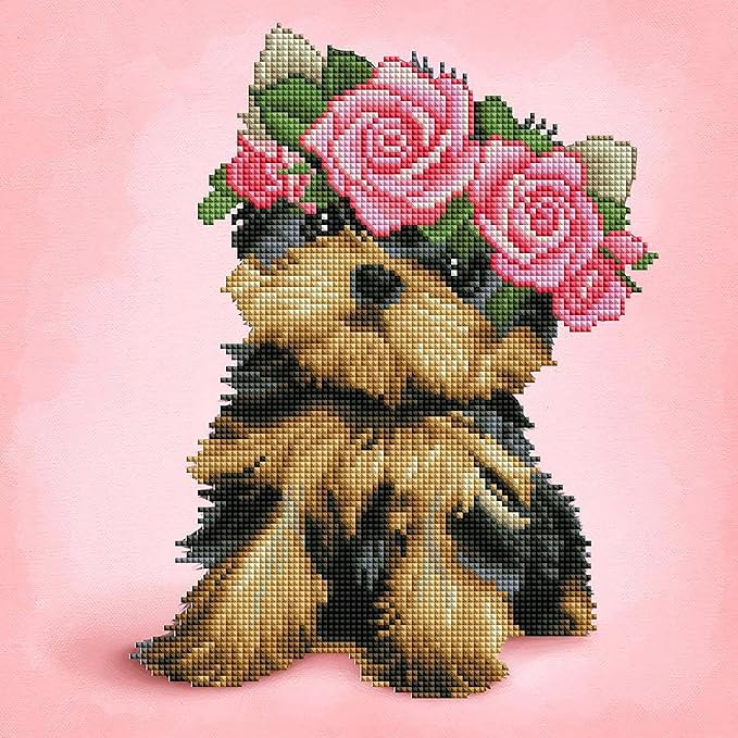 DIAMOND ART CLUB Yorkie & Roses Diamond Painting Kit, Fun DIY Crafts for Adults, Square Diamond Art Canvas, 13" x 13"