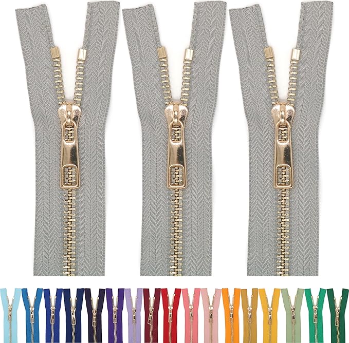#5 Gold Metal Zipper - 50+ Colors - 3 PCS - (4-14 inches) Sizes - Luxury Lightweight Handcraft Metal Zippers with pulls for Purses Bags Pockets Shoes Sewing & Crafts DIY ZP025512