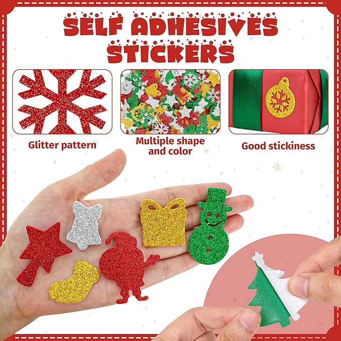 300 Pcs Christmas Foam Stickers Bulk, Self-Adhesive Christmas Stickers DIY Craft, Glitter Santa Claus Snowman Snowflake Pattern, Xmas Party Favors Winter Holiday Decorations