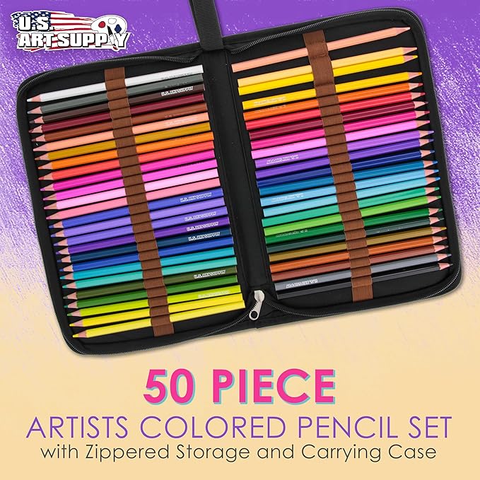 U.S. Art Supply 50 Piece Adult Coloring Book Artist Grade Colored Pencil Set with Zippered Storage and Carrying Case - Vibrant Colors, Smooth Art Drawing, Sketching - Kids, Students, Adults, Beginners