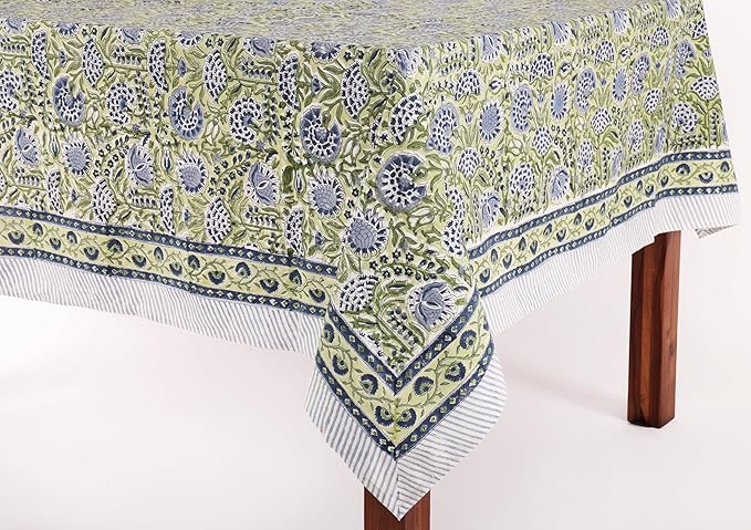 ATOSII Amara 100% Cotton Rectangle Fall Tablecloth, Handblock Floral Linen Table Cloth for Kitchen Dining Table I Parties Weddings Christmas I Fall Home Decor 60 X 108 Inches I 8 Seater