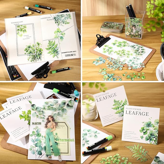 120PCS Green Botanical Leaf Scrapbook Stickers - Aesthetic Plant Leaves, Foliage, Nature Greenery Stickers for Scrapbooking, Journals, Planners, Art Projects