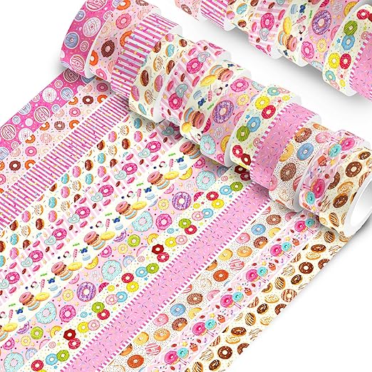 Donut Washi Tape Set 12 Rolls, Candy Cake Themed DIY Decorative Tape for Scrapbook Decorating, Art Journaling Accessories and Craft Projects