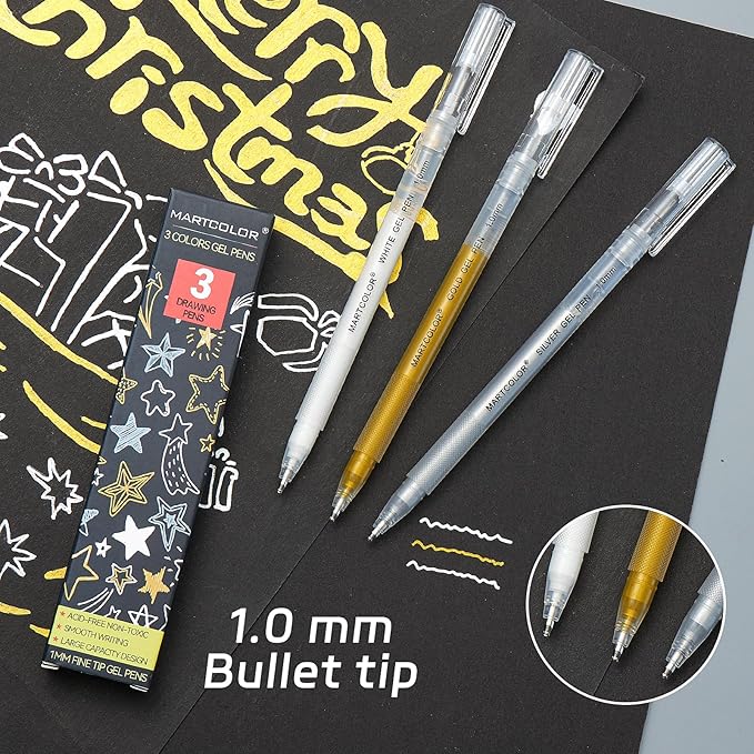 Gold Silver White Gel Pens, 1mm Fine Point Gel Ink Pen Opaque Archival Ink Pens for Black Paper Drawing, Sketching, Illustration, Card Making, Bullet Journaling, 3 Pack