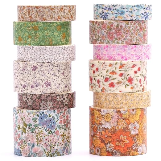 12 Rolls Flowers Washi Tape Set Floral Arts Adhesive Tapes Blooming Garden Decorative Masking Tape Sets for Craft, Kids, Scrapbook, DIY, Gift Wrapping (Evening Song)
