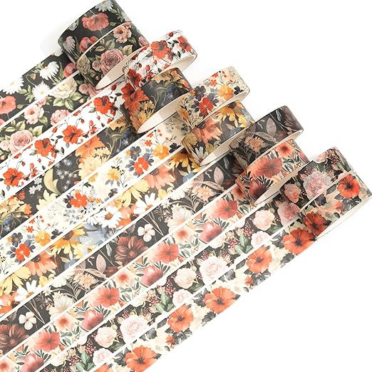 10 Rolls Blooming Flowers Washi Tape Set Floral Arts Adhesive Tapes Colorful Garden Decorative Masking Tape Sets for Craft, Kids, Scrapbook, DIY, Gift Wrapping (3-Blooms)