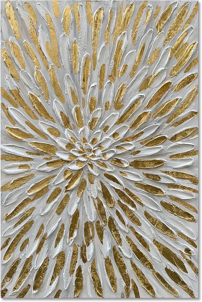 Art Hand-Painted Gold Texture Oil Painting White Flowers Modern Abstract Art Painting 45x30 inch Home Wall Decorative Art