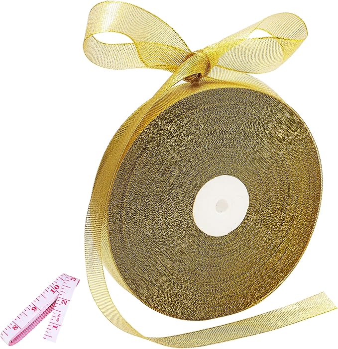 100 Yards Glitter Gold Ribbon 5/8 Inch, Sparkly Thin Solid Fabric Ribbon for Gift Wrapping, Crafts, Holiday Wedding Birthday Party Decoration Floral Bouquet, Metallic Gold Ribbon Roll