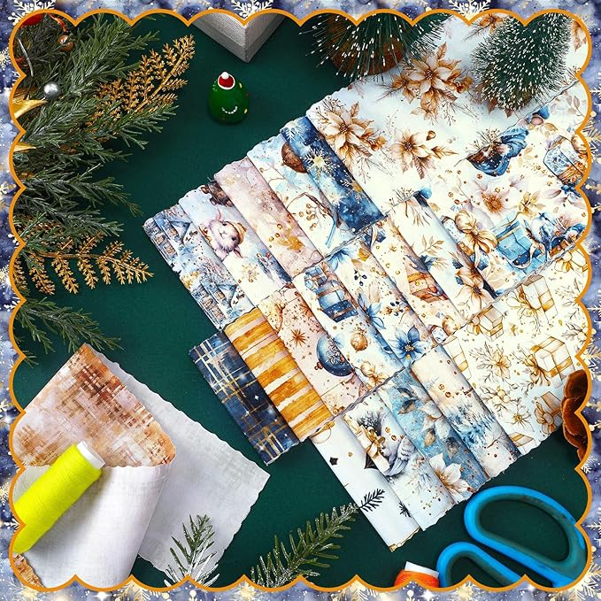 Ganeen 100 Pcs Christmas Blue and Gold Quilting Fabric Roll 2. 56 Inch Fabric Squares Jelly Patchwork Precut Strips Bundles for Holiday Materials Craft DIY Sewing Cloths