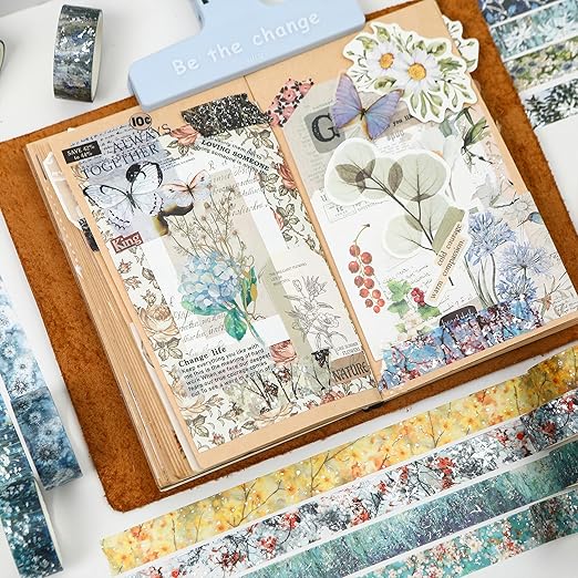 12 Rolls Flowers Washi Tape Set Floral Arts Adhesive Tapes Splast Silver Decorative Masking Tape Sets for Craft, Kids, Scrapbook, DIY, Gift Wrapping (Verdant Glow)