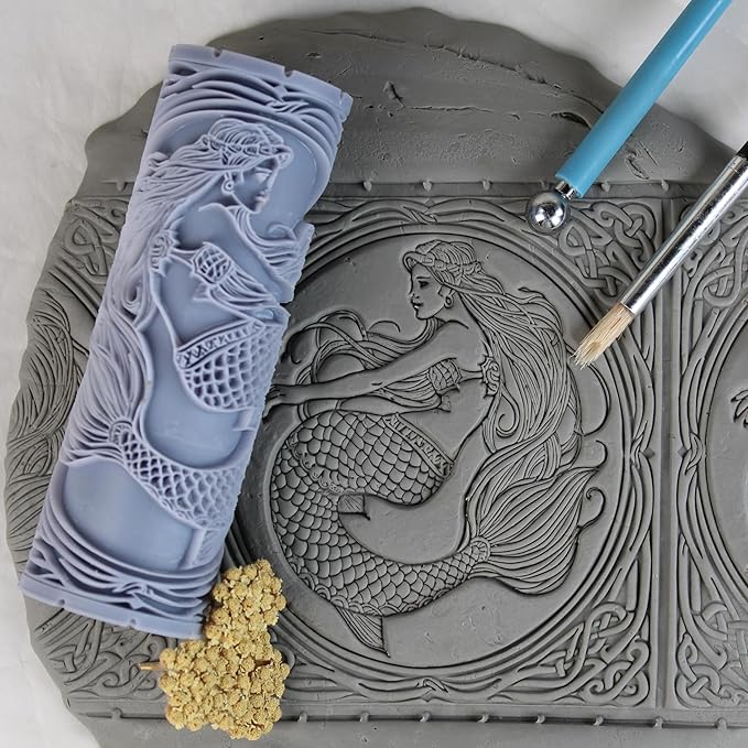 Mermaid Clay Texture Roller (4") - Ocean Set #01 - Embossing Pattern Roller for Polymer & Ceramic Clay, Pottery & Crafts