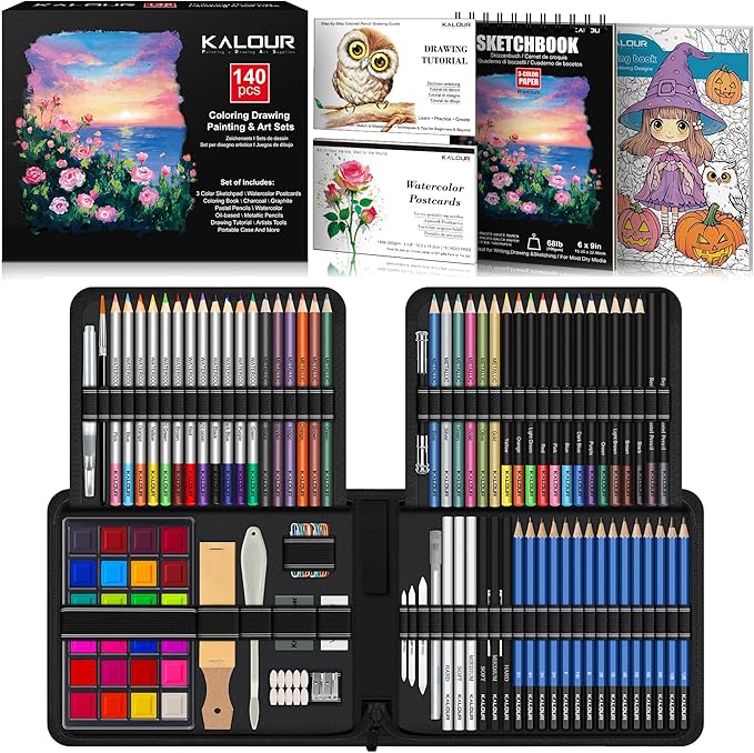 KALOUR 140 Drawing Set Sketching Kit,Art Supplies with 3-color Sketchbook & Coloring Paper,Include Tutorial, Colored, Graphite, Charcoal, Watercolor & Metallic Pencil,for Artists Adults Teens Beginner