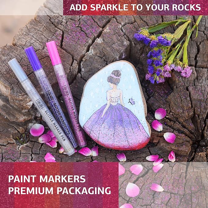 Acrylic Glitter Paint Marker Pens, Ultra Fine Point 0.7mm - Sparkle Paint Pens for Rock Painting, Stone, Ceramic Glass, Wood, Card Stock, Canvas, DIY Crafts - Set of 12