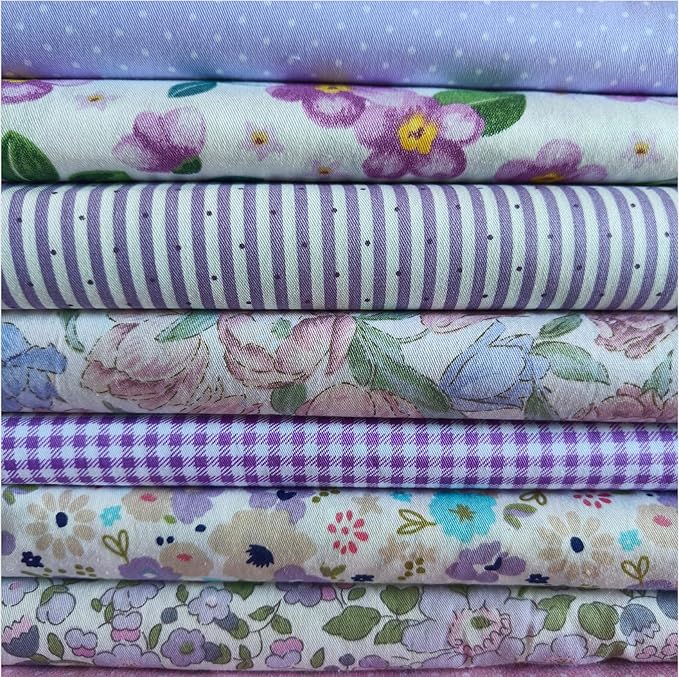 7Pcs 9.8" x 9.8"(25 * 25CM) Cotton Fabric DIY Making Supplies Quilting Patchwork Fabric Fat Quarter Bundles DIY for Quilting Cotton Patchwork Cushions (Purple Flowers, 9.8" x 9.8")